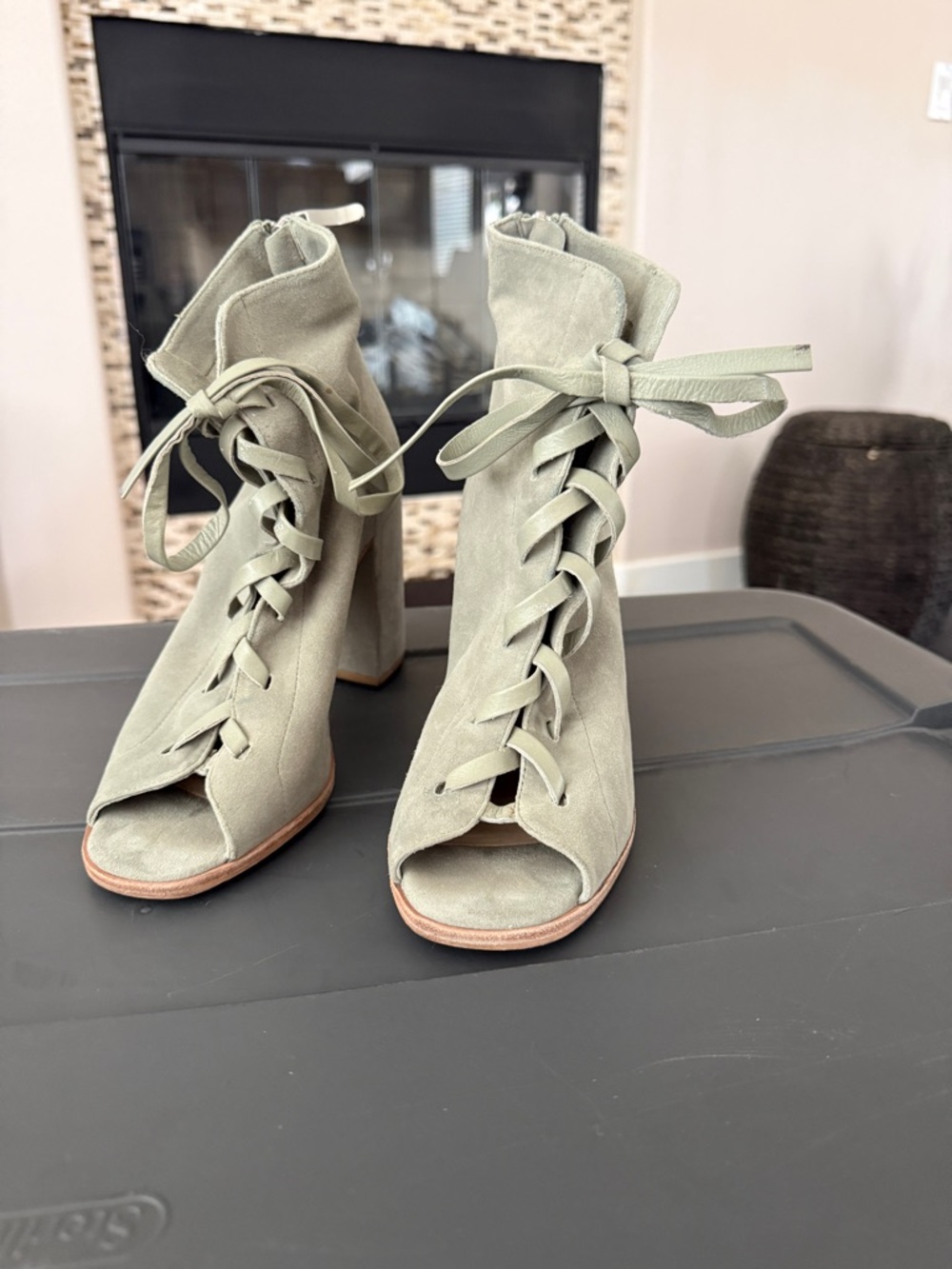 Chinese Laundry Sage Green Lace-Up Peep Toe Block Heel Booties